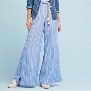 Anthropologie Ett:Twa Blue & White Striped Wide Leg Linen Pants